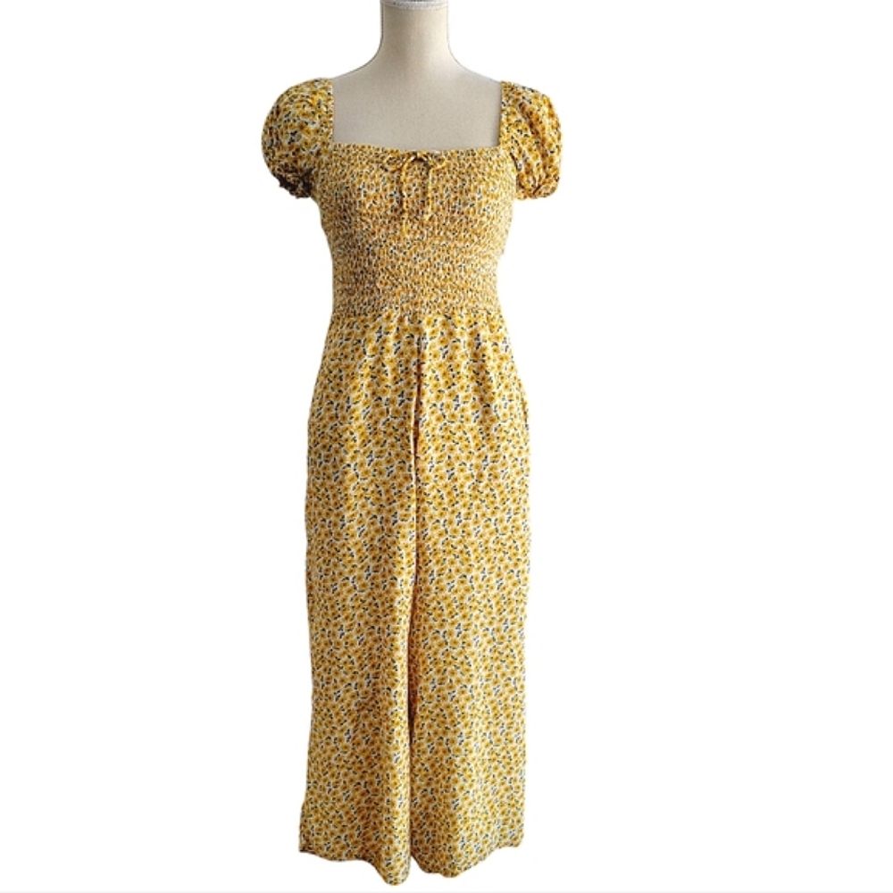 Faithfull The Brand Laszlo Sunflower‎ Printed Cropped Smocked Wide Leg  Jumpsuit